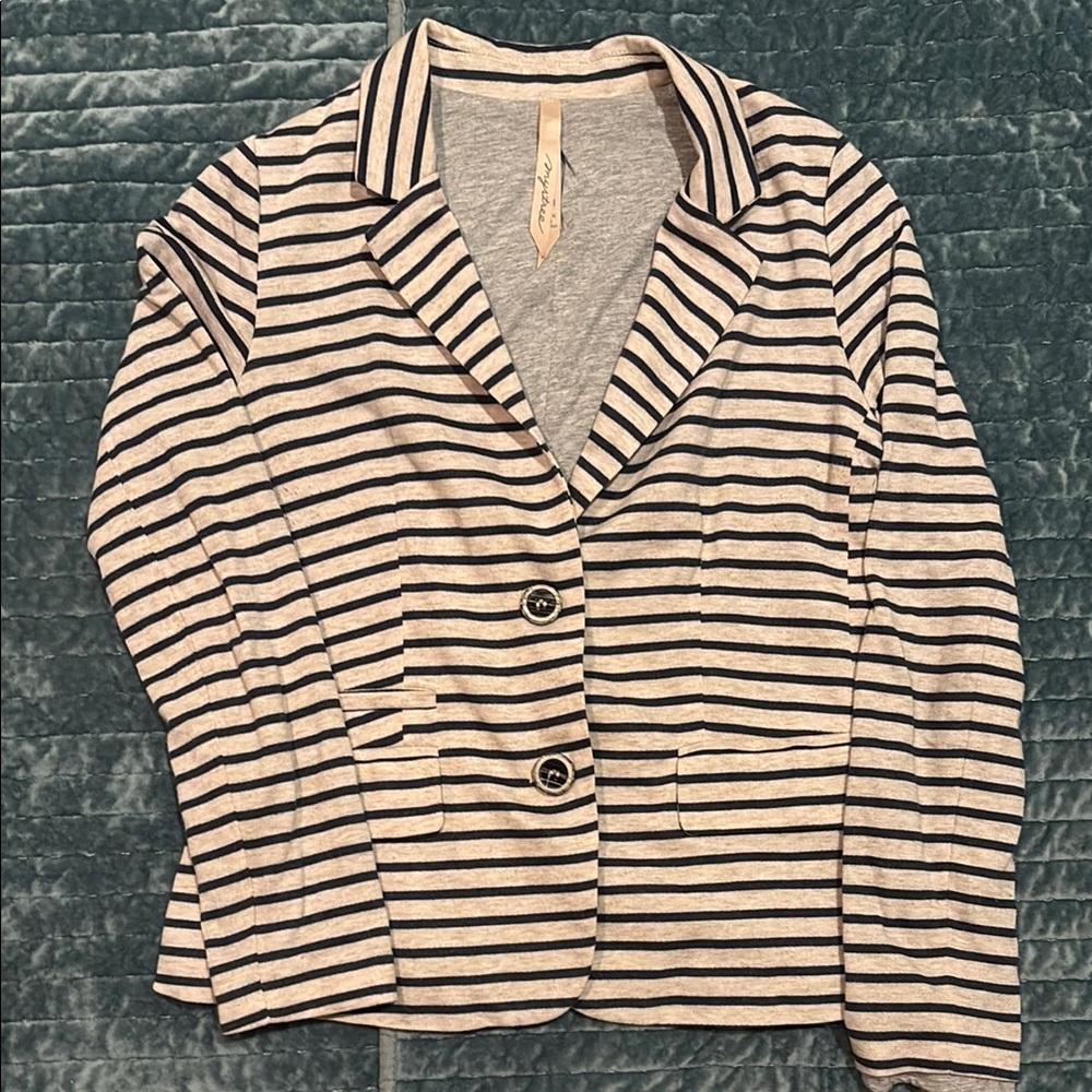 Navy and Cream Striped Sweatshirt Blazer , Size Medium